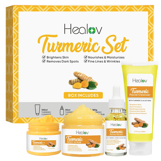 Brightening Turmeric Skincare Set by Healove - Cleanser, Body Scrub, Face Cream & Facial Serum